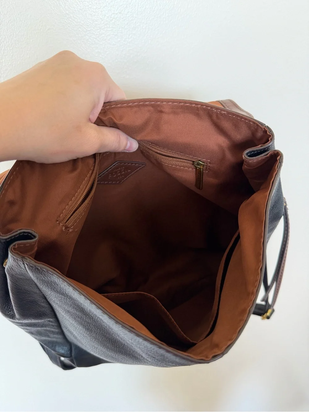 FOSSIL Black Pebbled Leather Backpack with Brown Trim